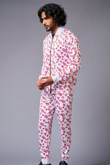 GD Logo (in red) Printed White Bomber Style Jacket with Pant Co-ord Set for Men - Go Devil