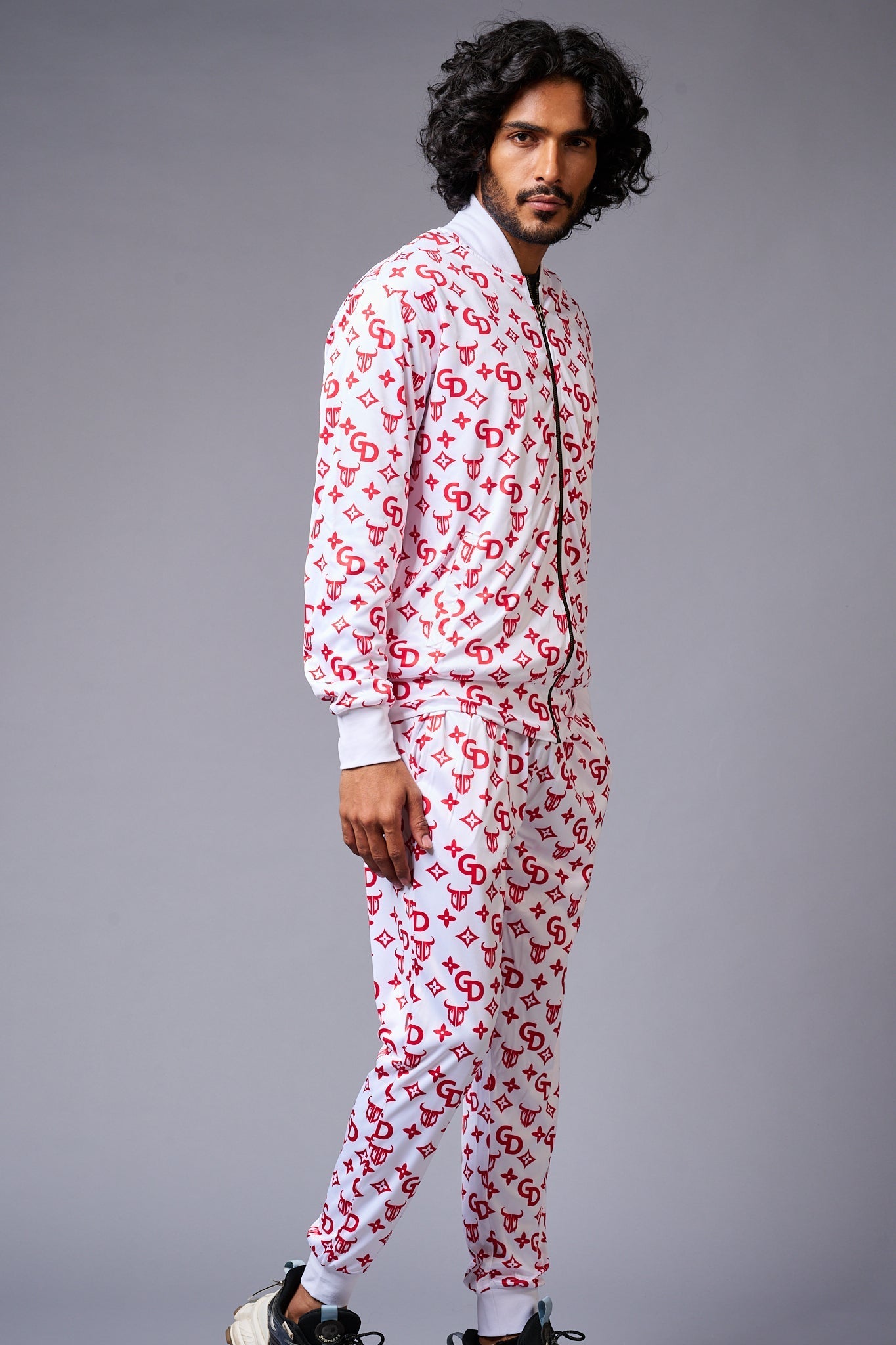 GD Logo (in red) Printed White Bomber Style Jacket with Pant Co-ord Set for Men - Go Devil