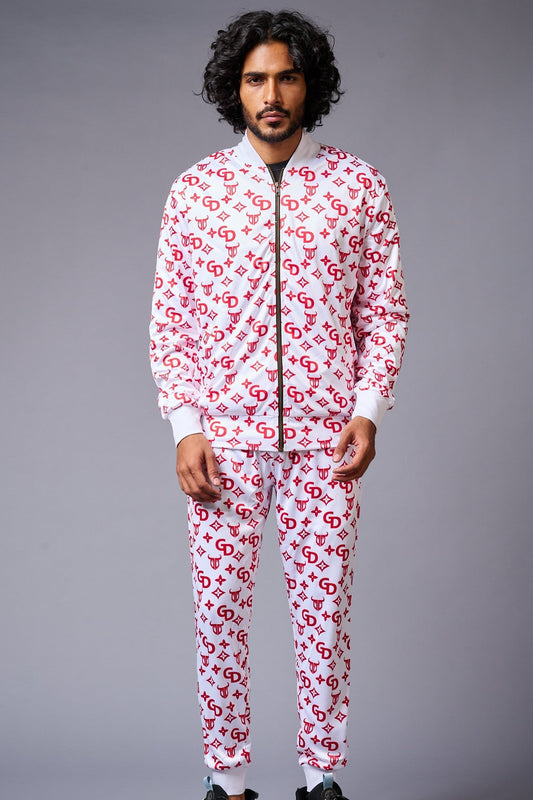 GD Logo (in red) Printed White Bomber Style Jacket with Pant Co-ord Set for Men - Go Devil