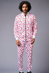 GD Logo (in red) Printed White Bomber Style Jacket with Pant Co-ord Set for Men - Go Devil