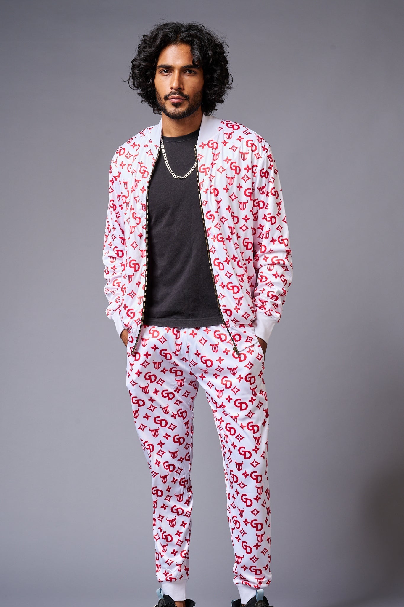 GD Logo (in red) Printed White Bomber Style Jacket with Pant Co-ord Set for Men - Go Devil