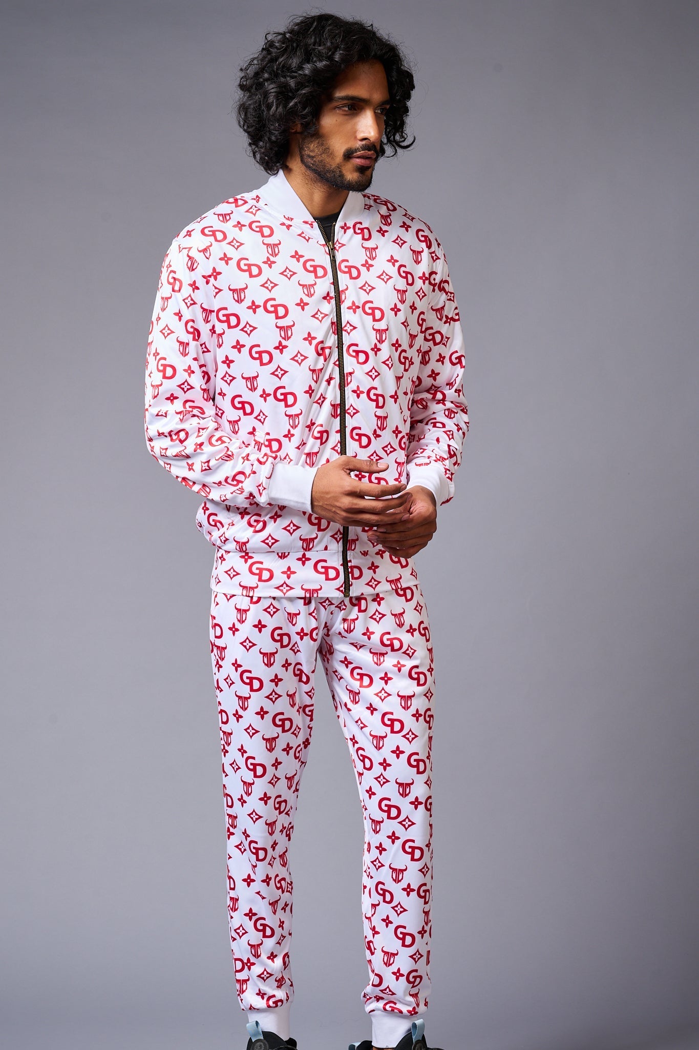 GD Logo (in red) Printed White Bomber Style Jacket with Pant Co-ord Set for Men - Go Devil