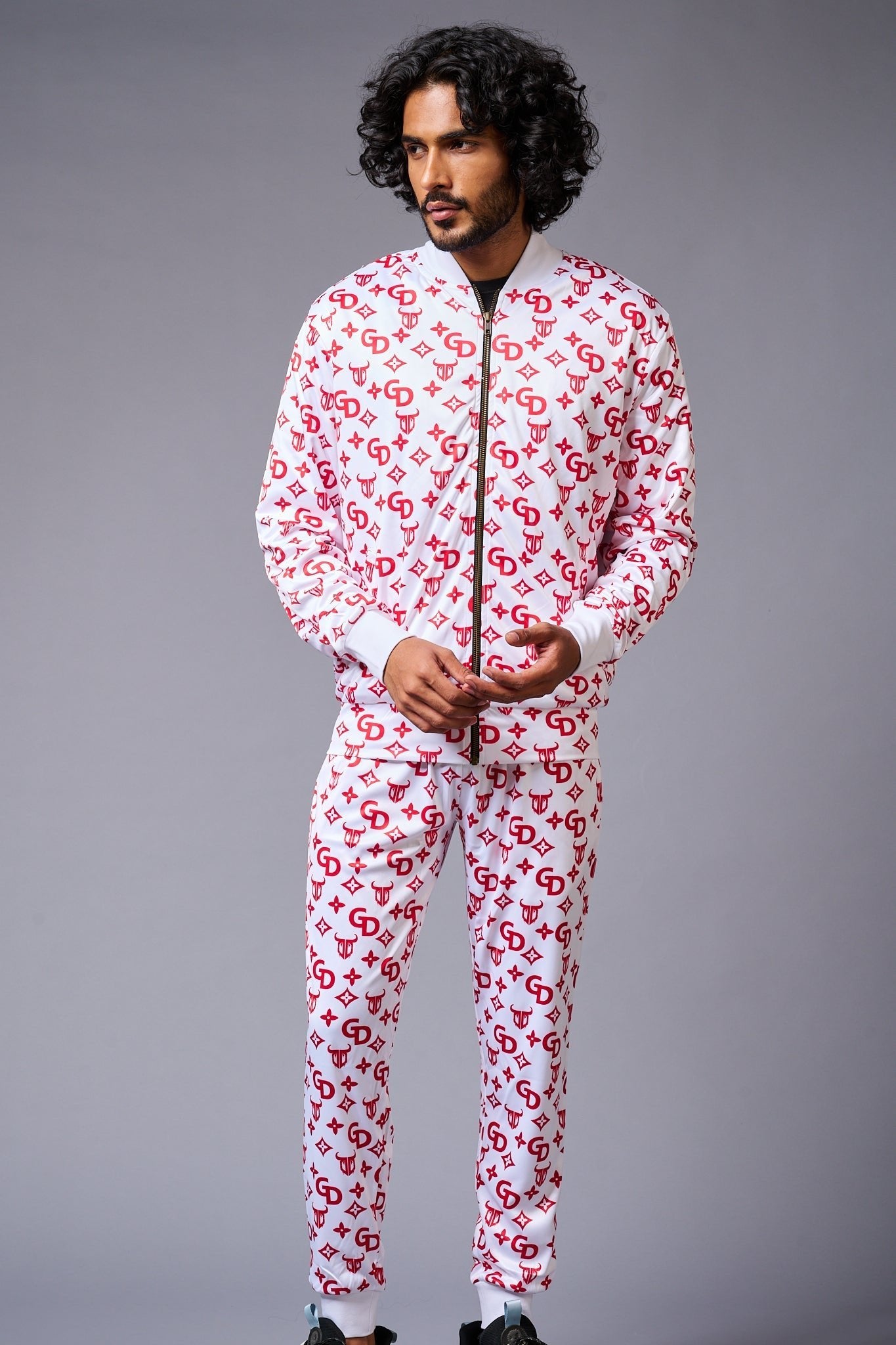 GD Logo (in red) Printed White Bomber Style Jacket with Pant Co-ord Set for Men - Go Devil