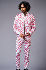GD Logo (in red) Printed White Bomber Style Jacket with Pant Co-ord Set for Men - Go Devil