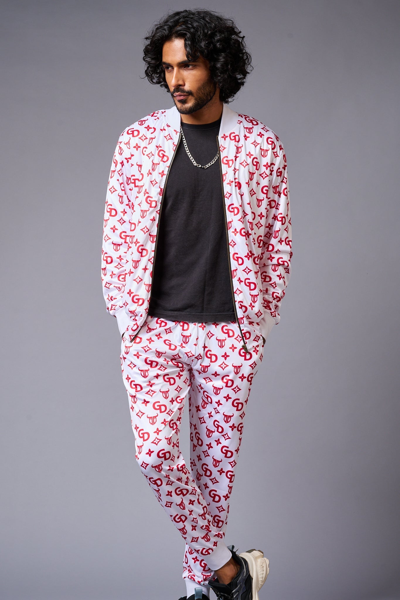 GD Logo (in red) Printed White Bomber Style Jacket with Pant Co-ord Set for Men - Go Devil