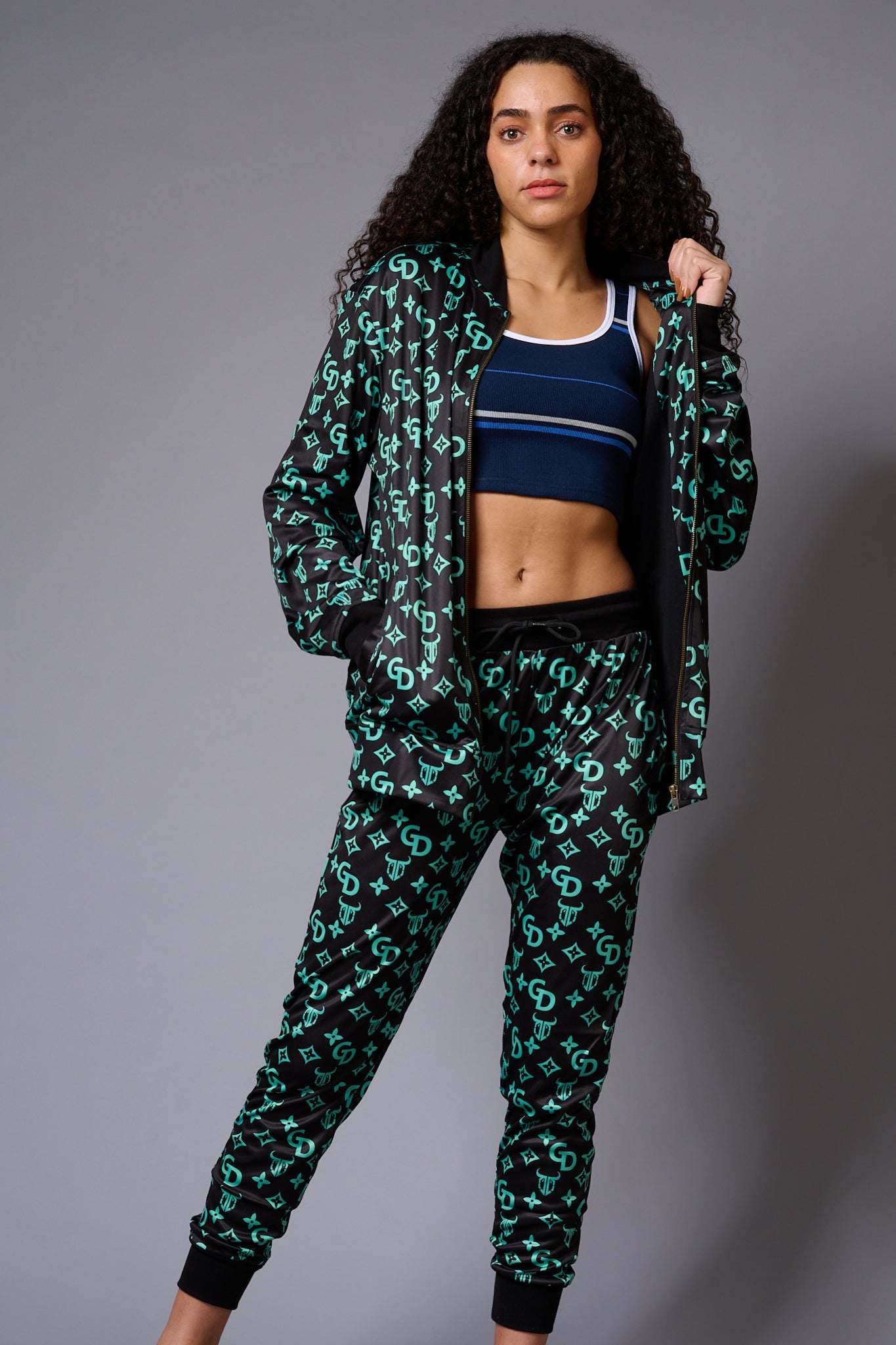 GD with Logo (in Green) Printed Black Bomber Jacket Style with Pants Co-ord Set for Women - Go Devil