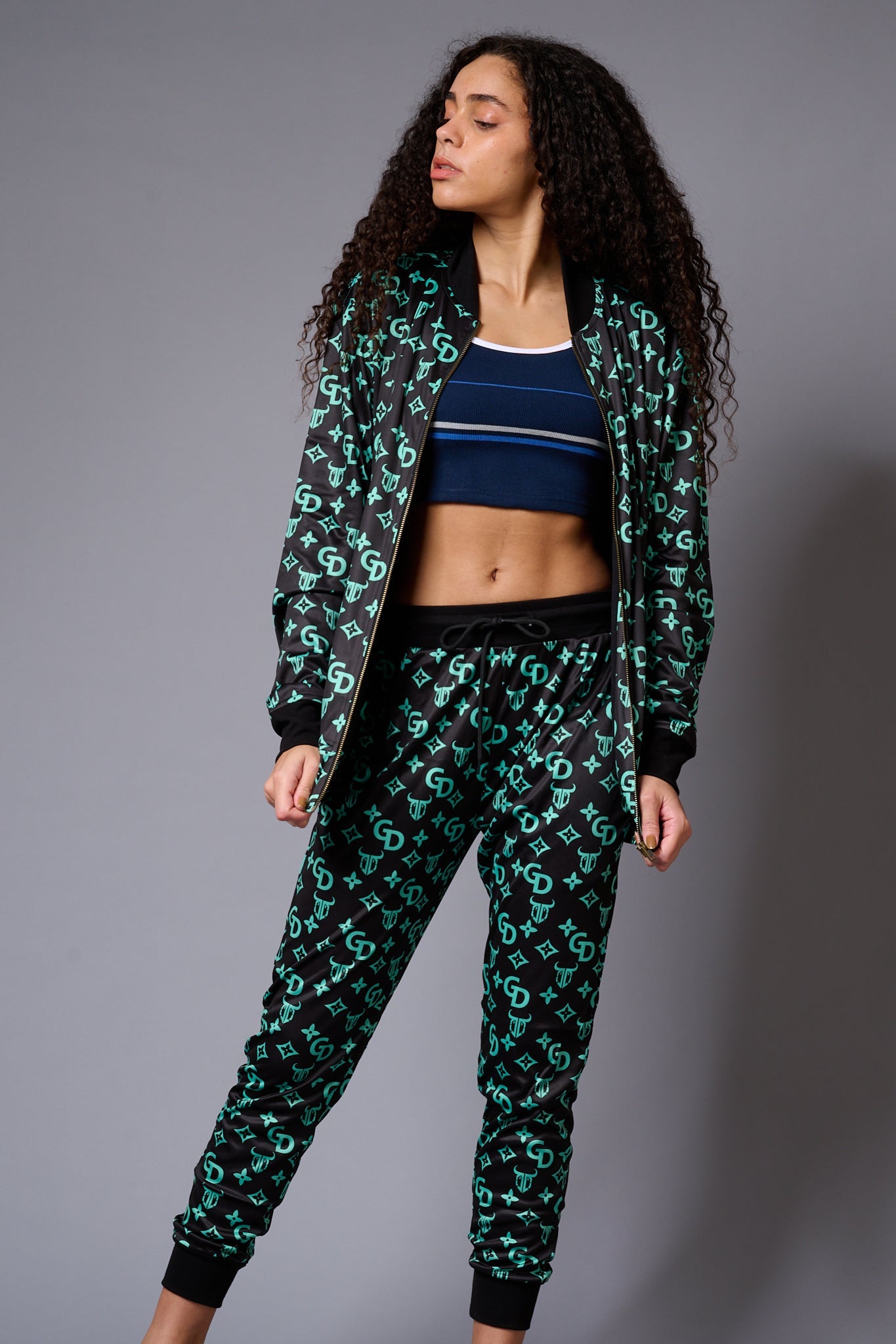 GD with Logo (in Green) Printed Black Bomber Jacket Style with Pants Co-ord Set for Women - Go Devil