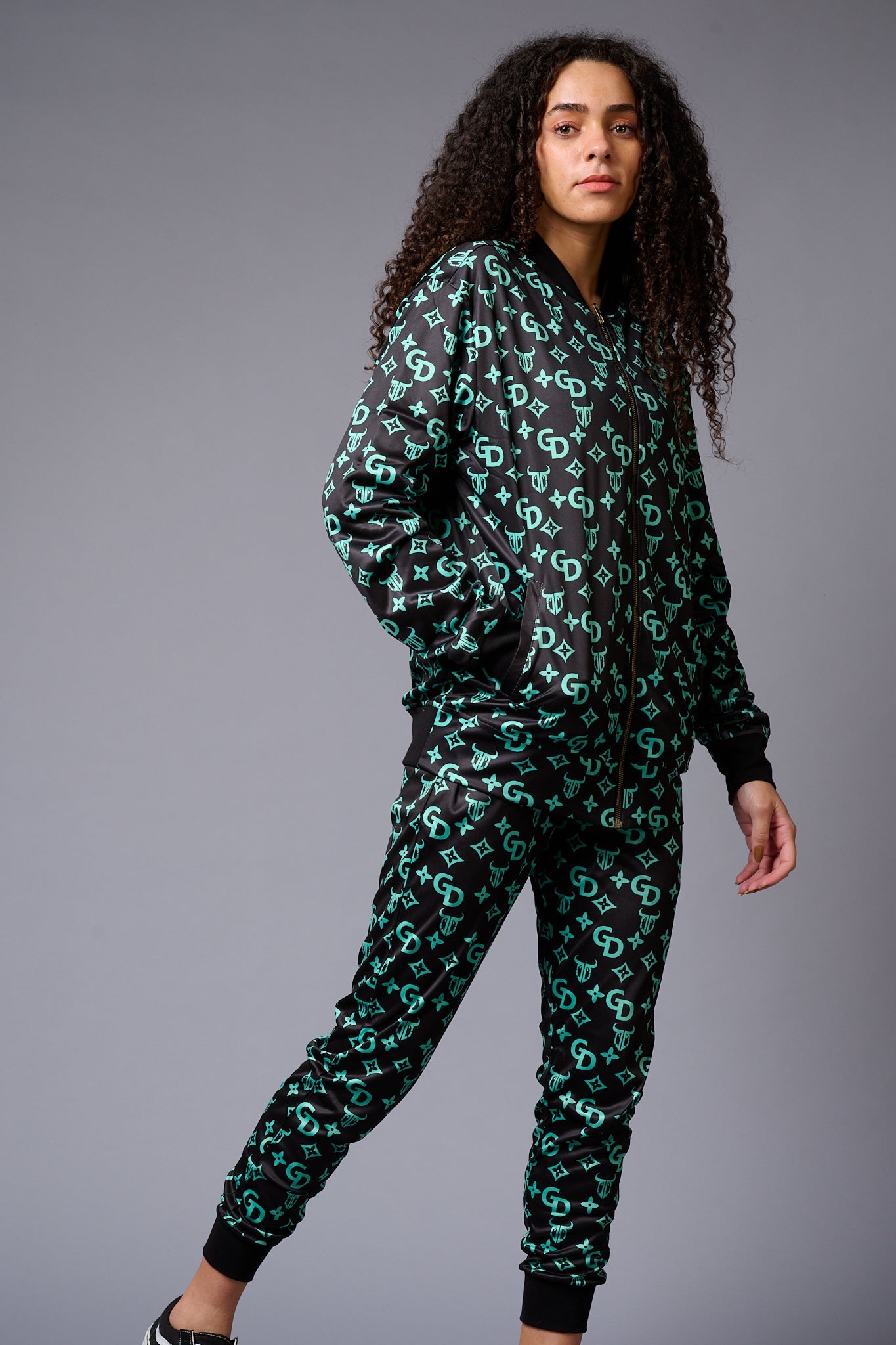 GD with Logo (in Green) Printed Black Bomber Jacket Style with Pants Co-ord Set for Women - Go Devil