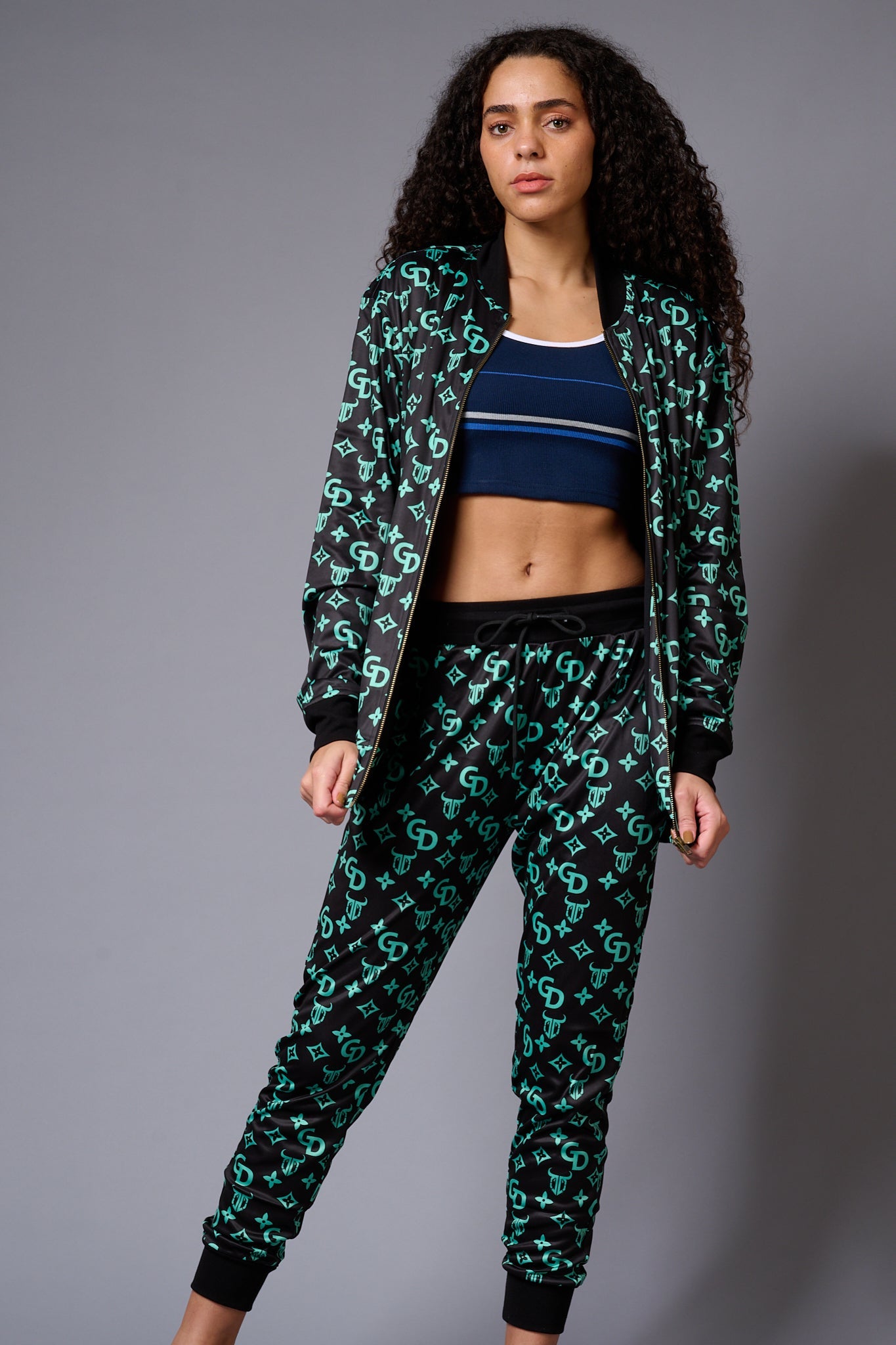 GD with Logo (in Green) Printed Black Bomber Jacket Style with Pants Co-ord Set for Women - Go Devil