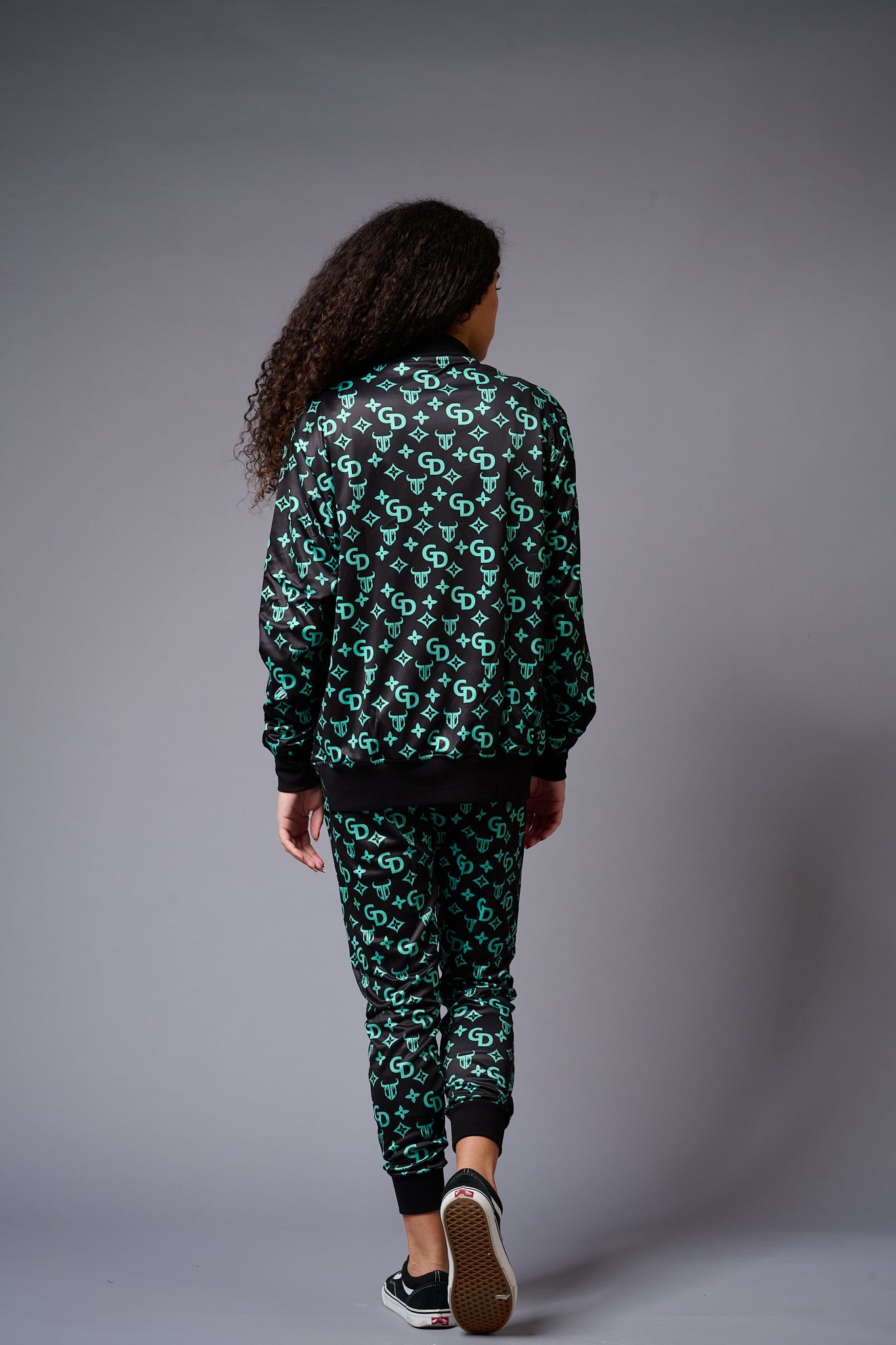 GD with Logo (in Green) Printed Black Bomber Jacket Style with Pants Co-ord Set for Women - Go Devil
