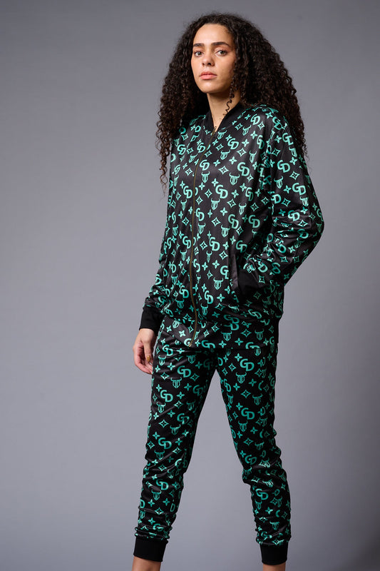 GD with Logo (in Green) Printed Black Bomber Jacket Style with Pants Co-ord Set for Women - Go Devil