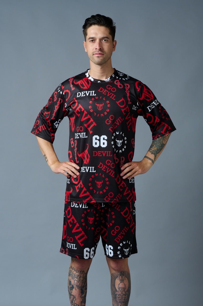 Go Devil 66 All over print (in Red) Black Polyester Co-ord Set for Men - Go Devil