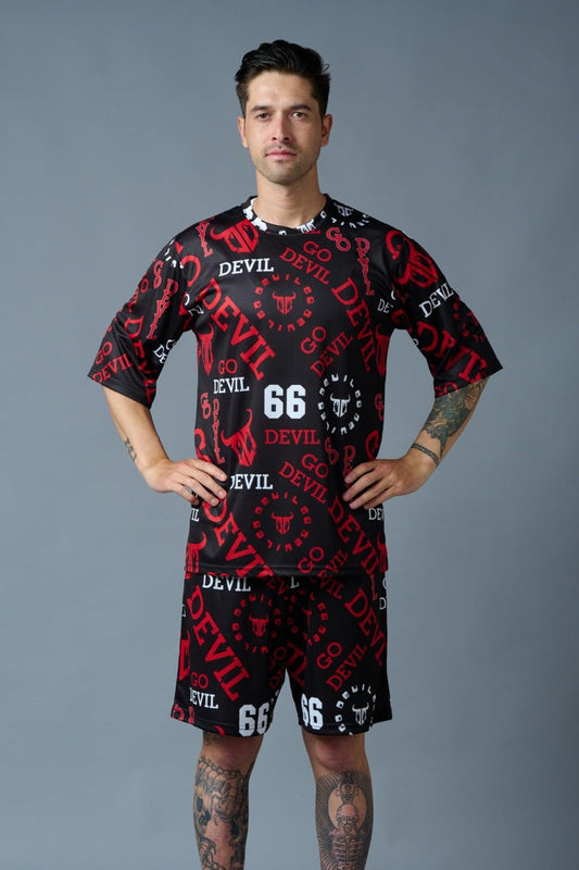 Go Devil 66 All over print (in Red) Black Polyester Co-ord Set for Men - Go Devil