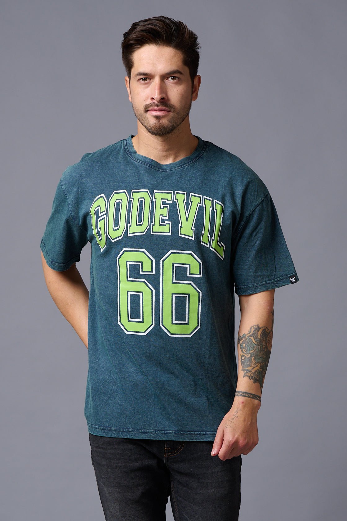 Go Devil 66 (in Green) Wash Print Teal Oversized T-Shirt for Men - Go Devil