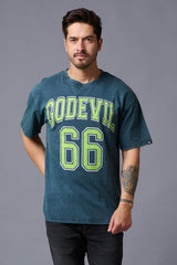 Go Devil 66 (in Green) Wash Print Teal Oversized T-Shirt for Men - Go Devil