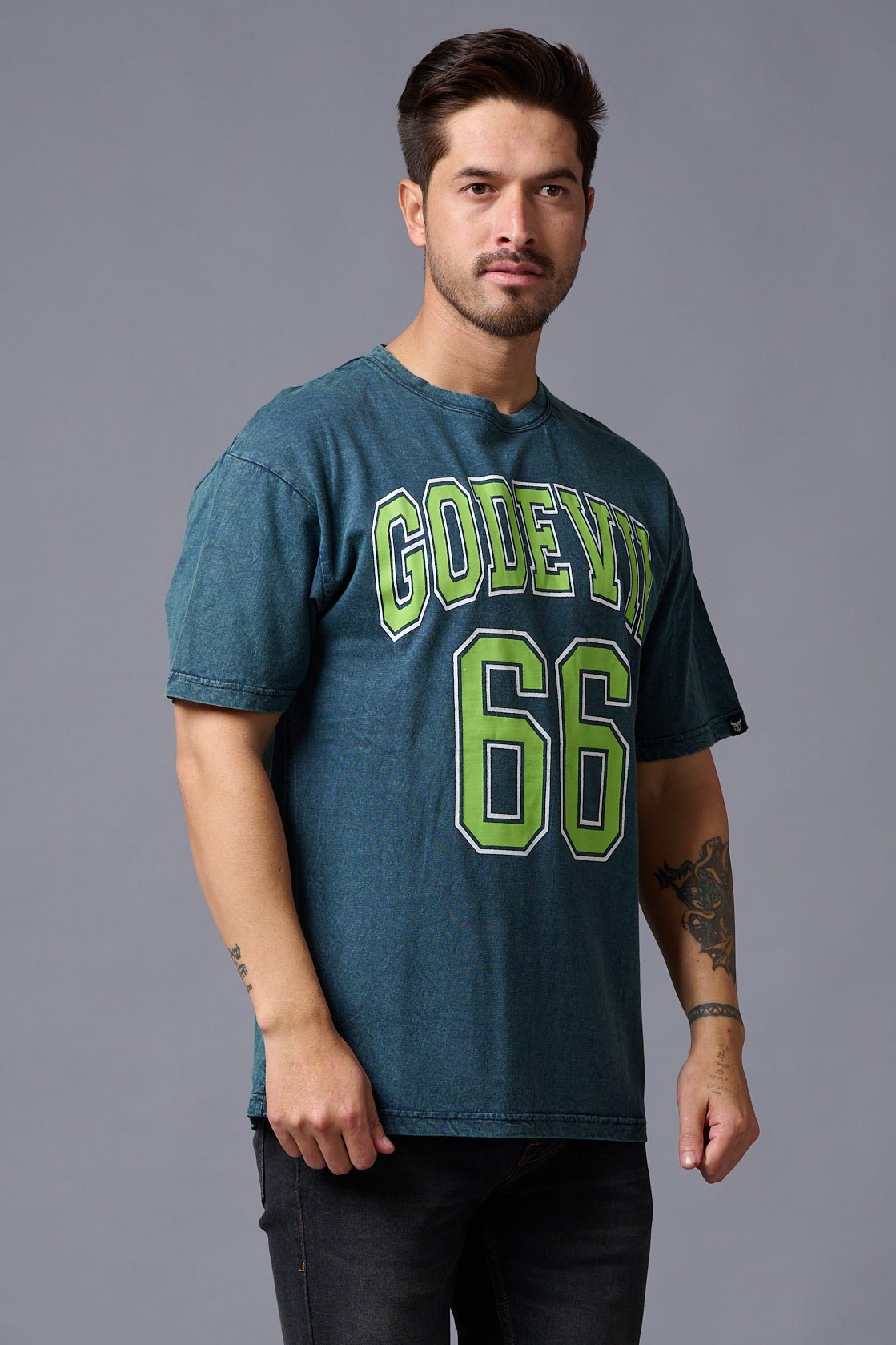 Go Devil 66 (in Green) Wash Print Teal Oversized T-Shirt for Men - Go Devil