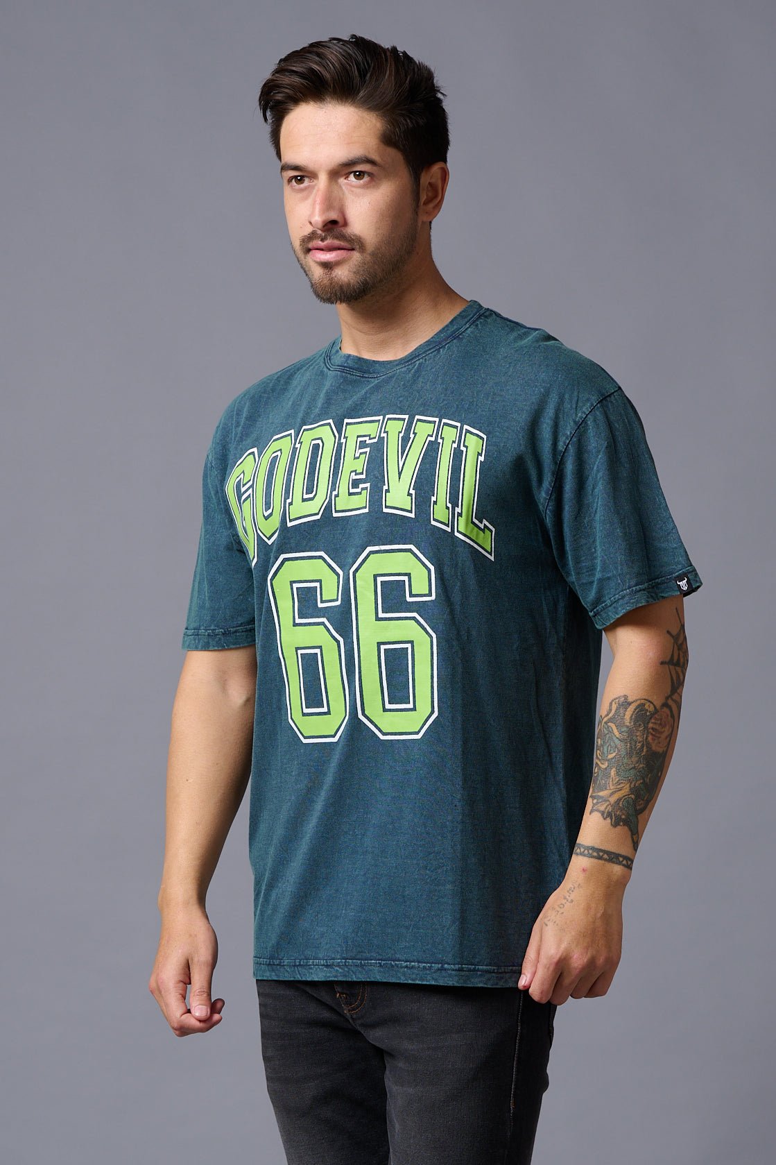 Go Devil 66 (in Green) Wash Print Teal Oversized T-Shirt for Men - Go Devil