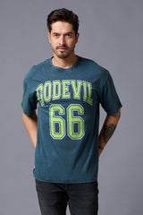 Go Devil 66 (in Green) Wash Print Teal Oversized T-Shirt for Men - Go Devil