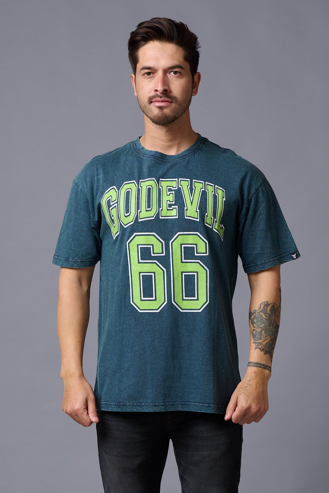 Go Devil 66 (in Green) Wash Print Teal Oversized T-Shirt for Men - Go Devil