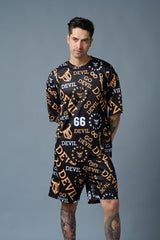 Go Devil 66 (in Musturd) All over Printed Black Polyester Co-ord Set for Men - Go Devil