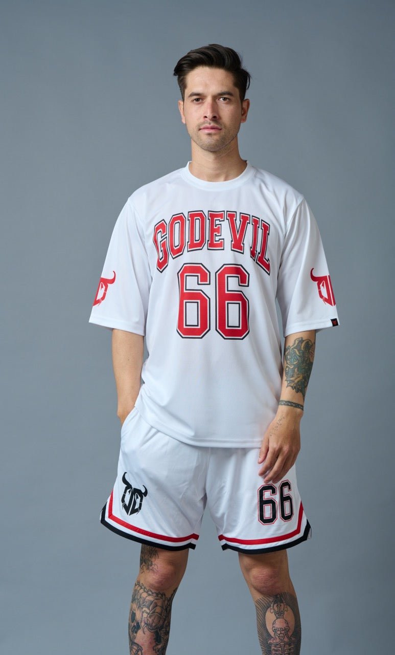 Go Devil 66 (in Red & Black) Printed White Polyester Co-ord Set for Men - Go Devil