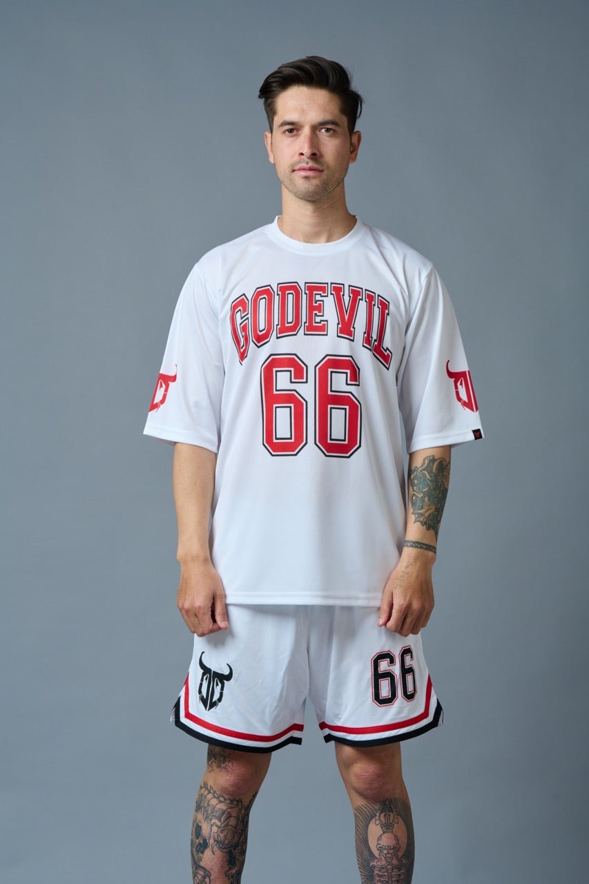 Go Devil 66 (in Red & Black) Printed White Polyester Co-ord Set for Men - Go Devil