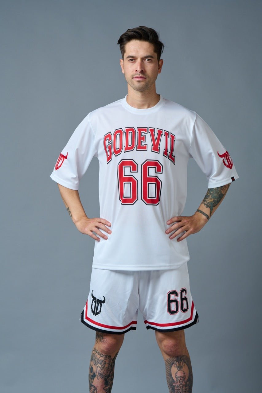 Go Devil 66 (in Red & Black) Printed White Polyester Co-ord Set for Men - Go Devil