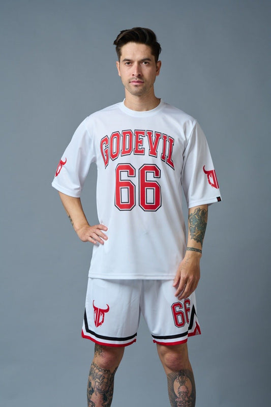 Go Devil 66 (in Red) Printed White Polyester Co-ord Set for Men - Go Devil