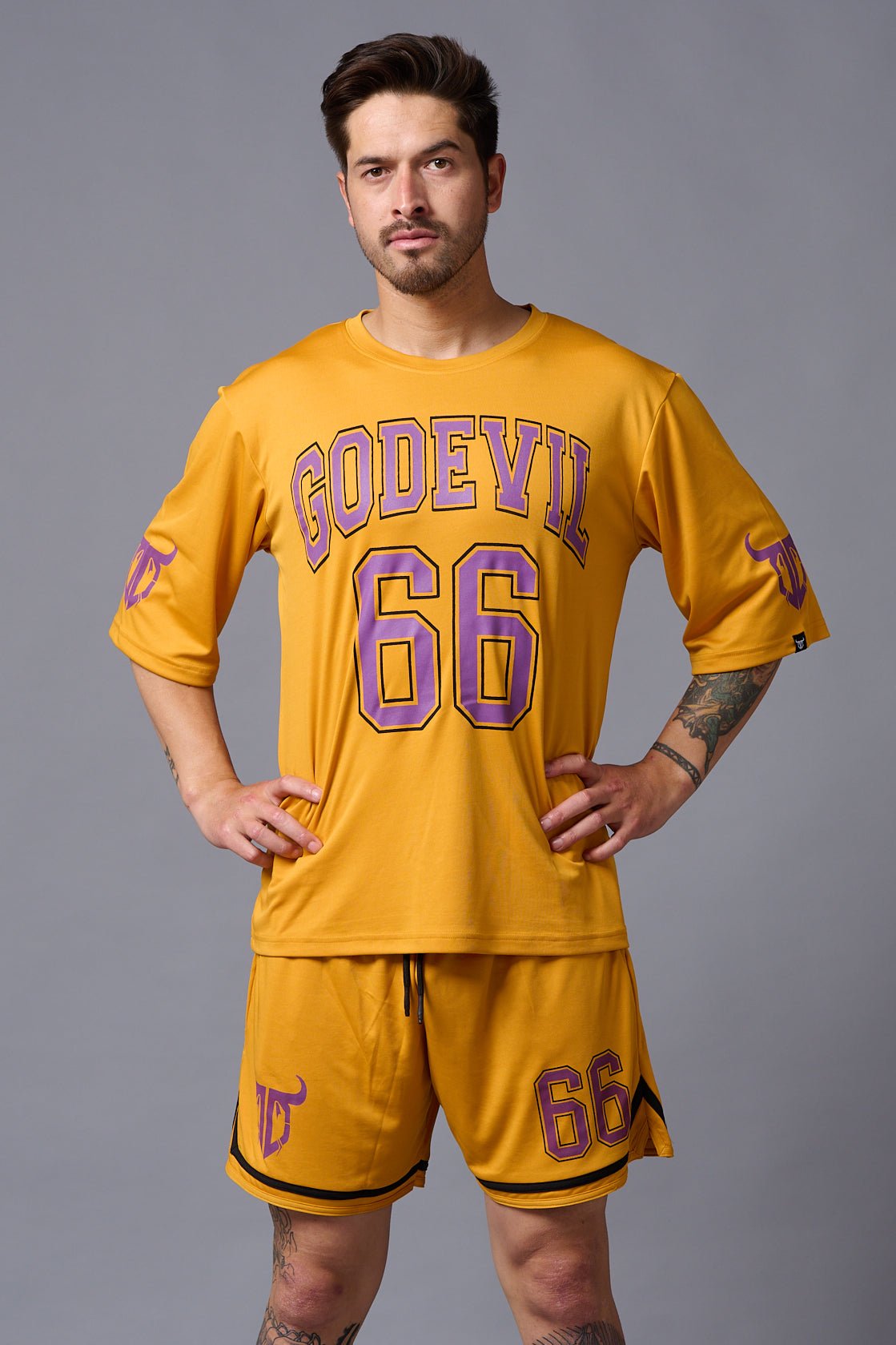 Go Devil 66 Printed Mustard Polyester Co-ord Set for Men - Go Devil