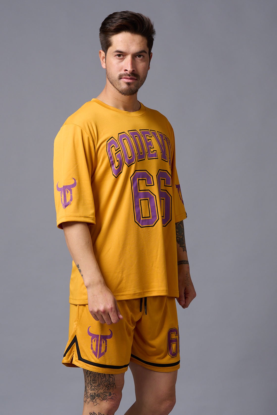 Go Devil 66 Printed Mustard Polyester Co-ord Set for Men - Go Devil
