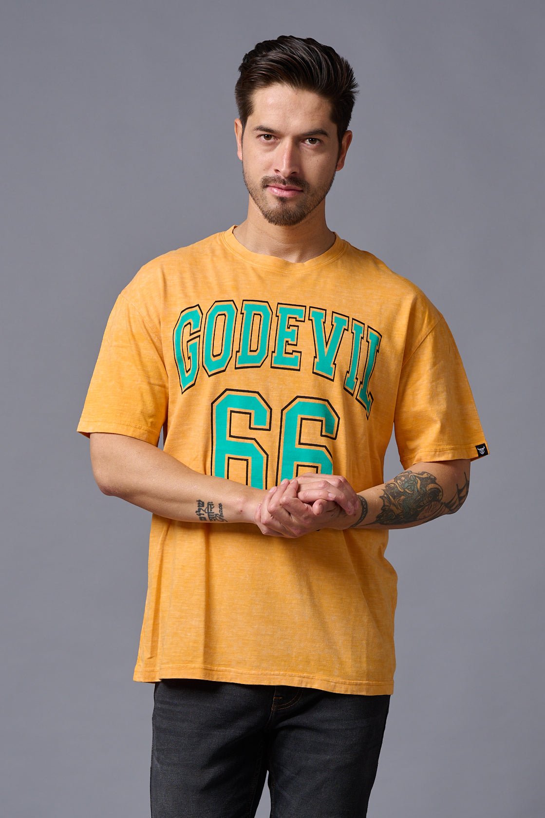 Go Devil 66 Printed Musturd Wash Print Oversized T-Shirt for Men - Go Devil