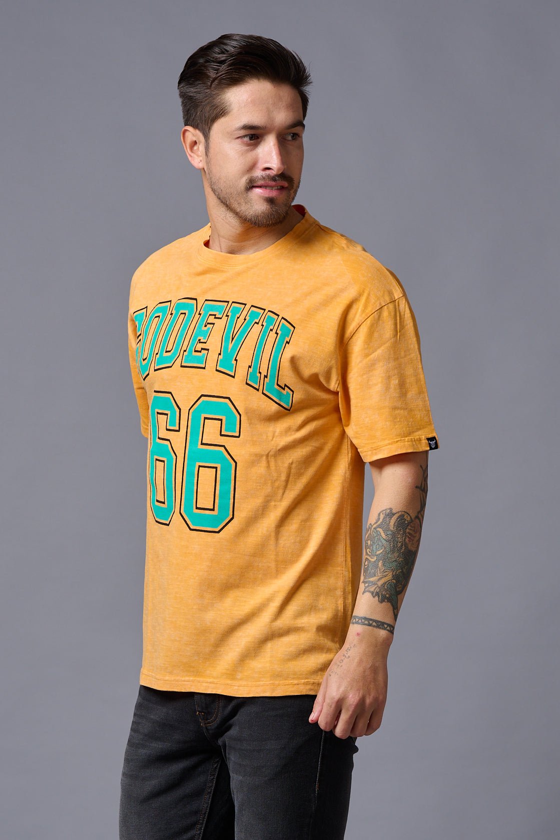 Go Devil 66 Printed Musturd Wash Print Oversized T-Shirt for Men - Go Devil