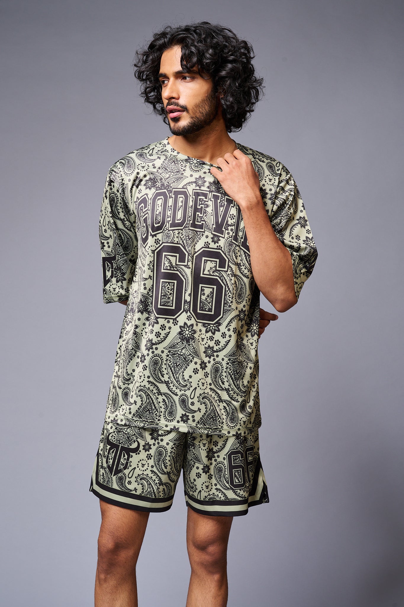 Go Devil 66 Printed Paisley Green & Black Co-ord Set for Men - Go Devil