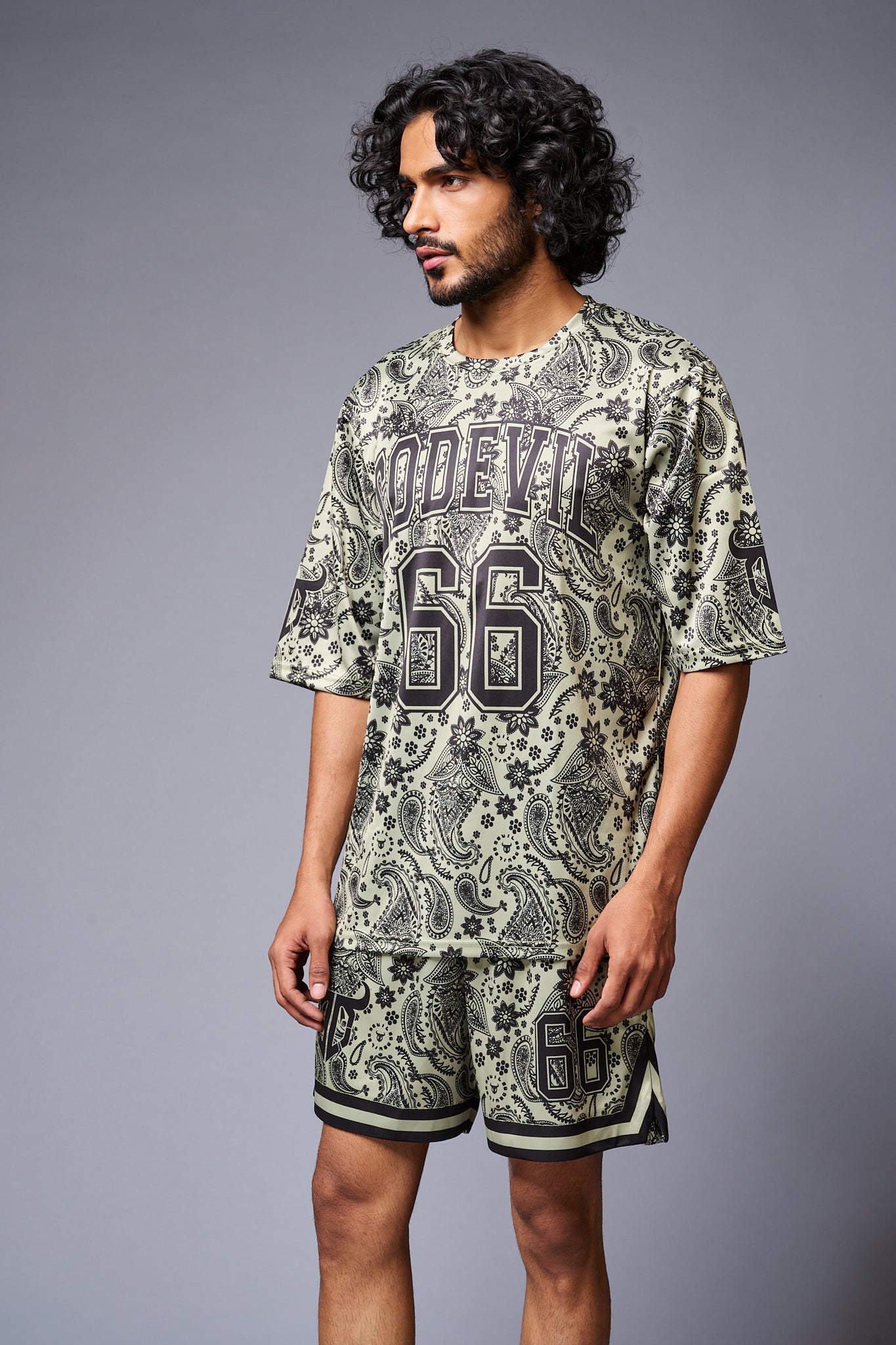 Go Devil 66 Printed Paisley Green & Black Co-ord Set for Men - Go Devil