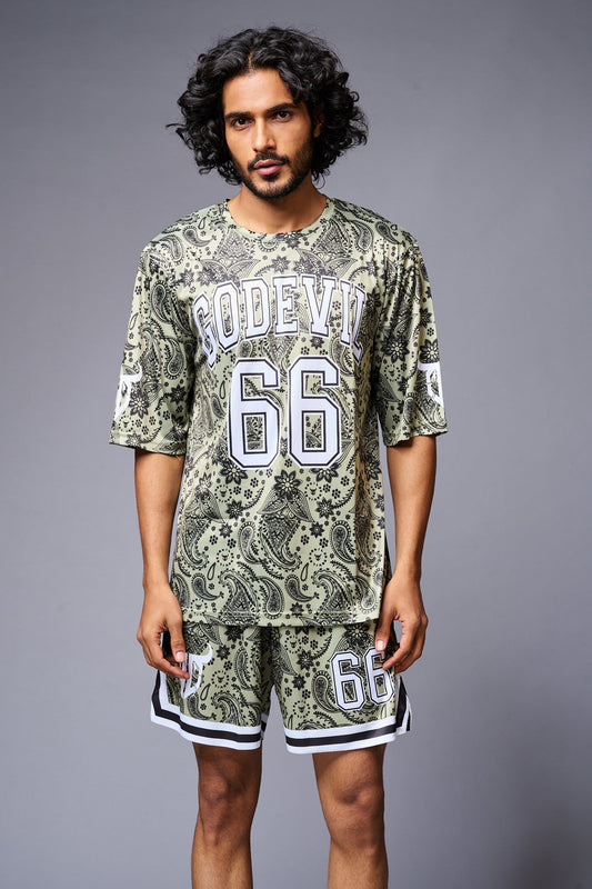 Go Devil 66 Printed Paisley Green & White Co-ord Set for Men - Go Devil