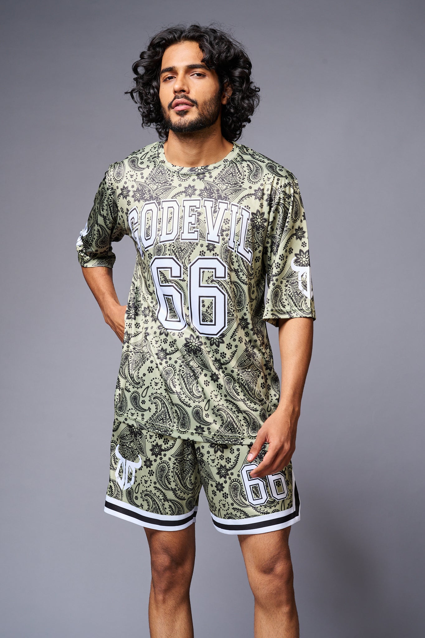 Go Devil 66 Printed Paisley Green & White Co-ord Set for Men - Go Devil