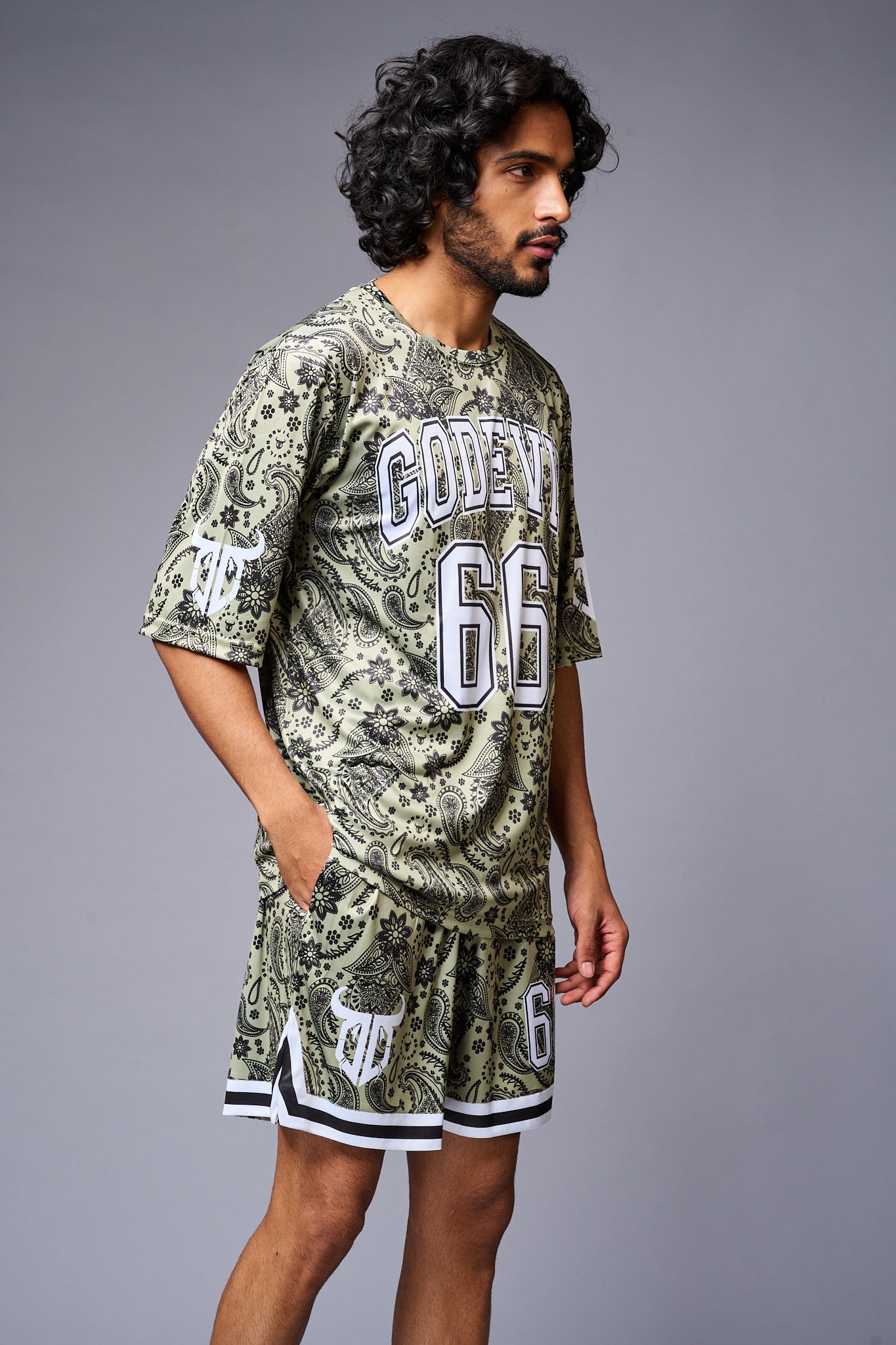 Go Devil 66 Printed Paisley Green & White Co-ord Set for Men - Go Devil