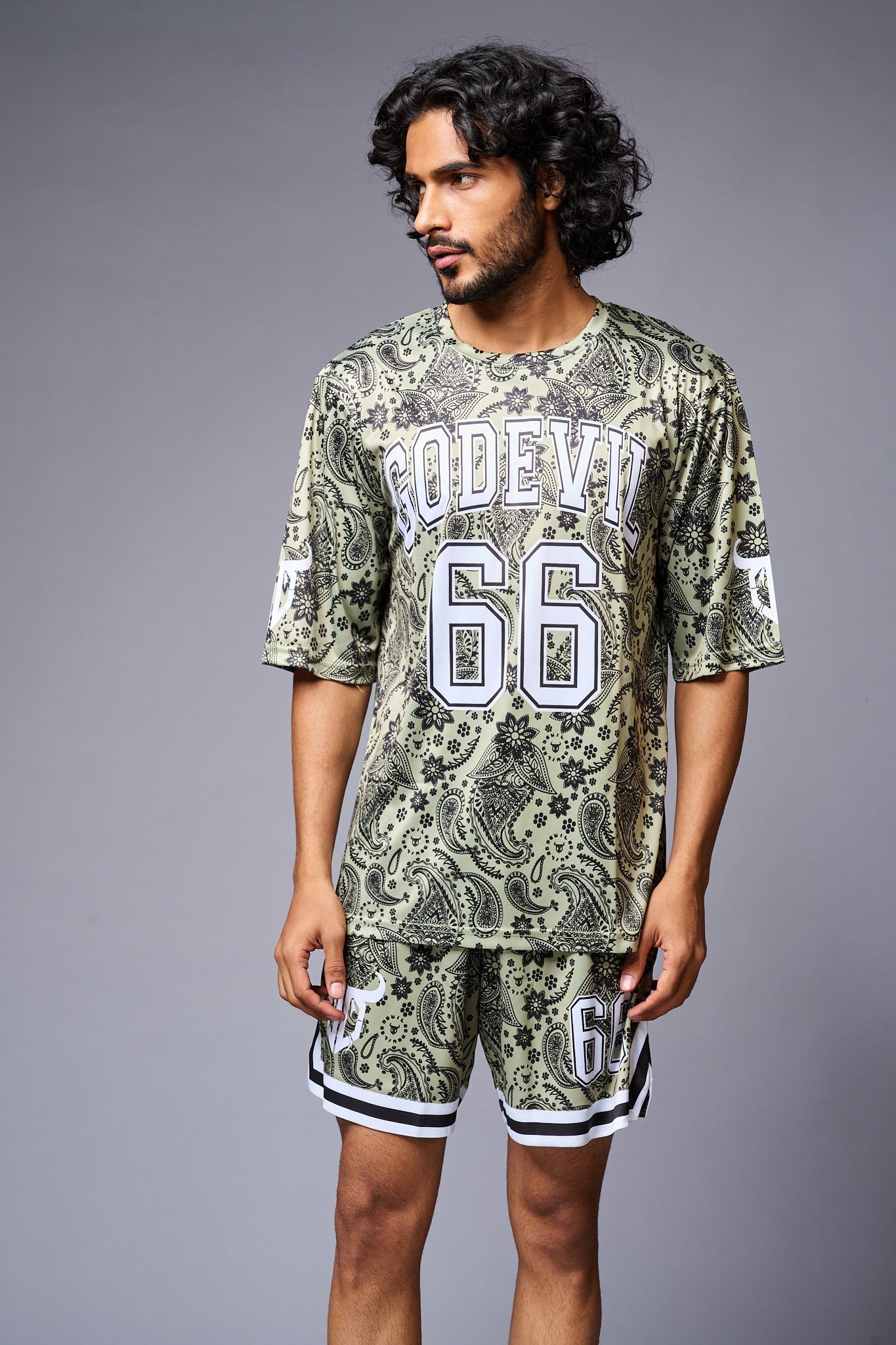 Go Devil 66 Printed Paisley Green & White Co-ord Set for Men - Go Devil