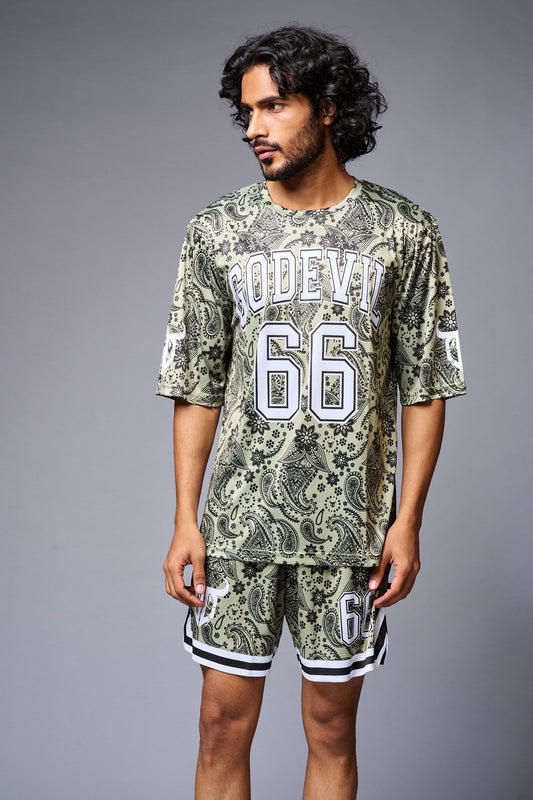 Go Devil 66 Printed Paisley Green & White Co-ord Set for Men - Go Devil