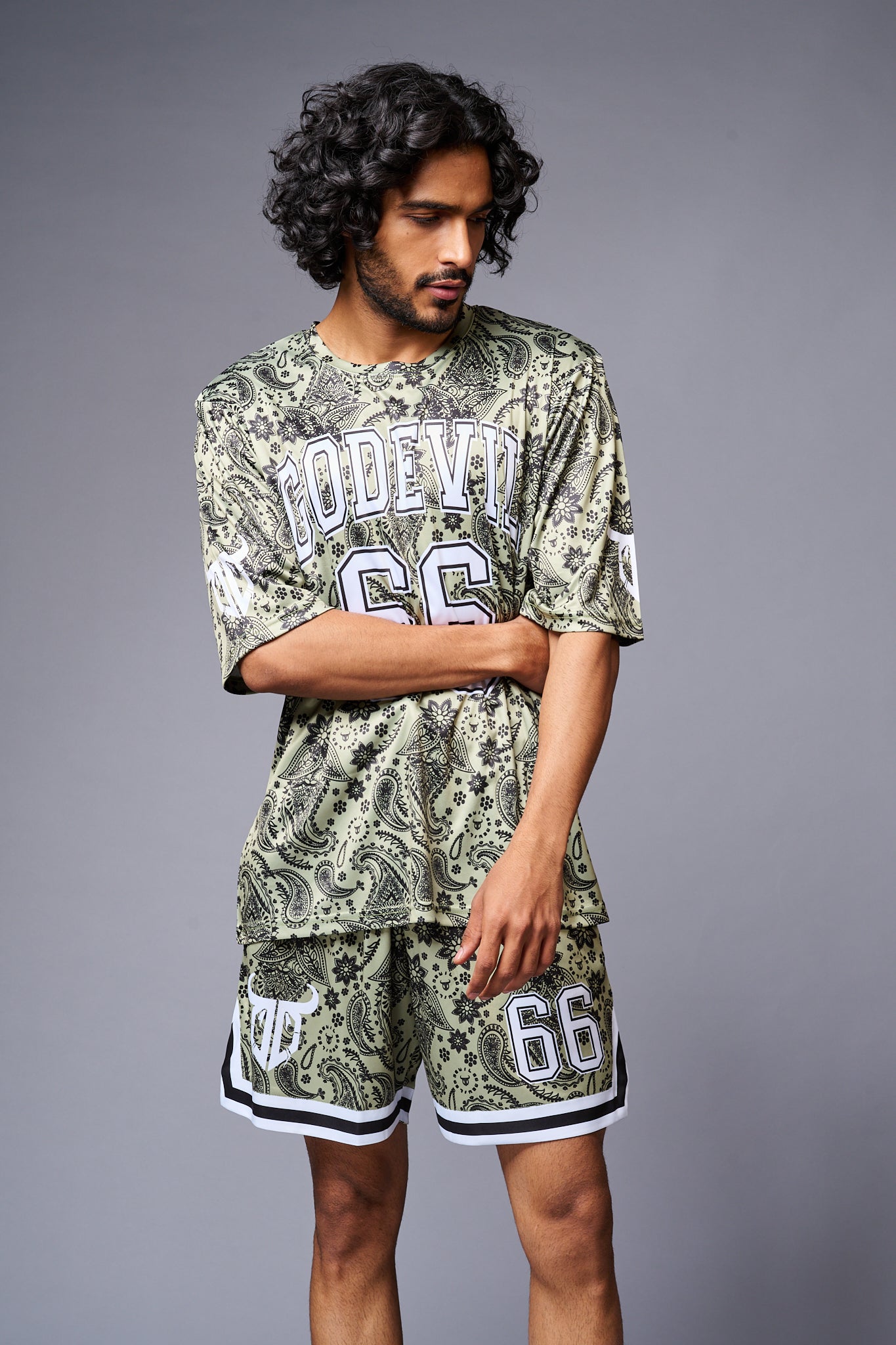 Go Devil 66 Printed Paisley Green & White Co-ord Set for Men - Go Devil