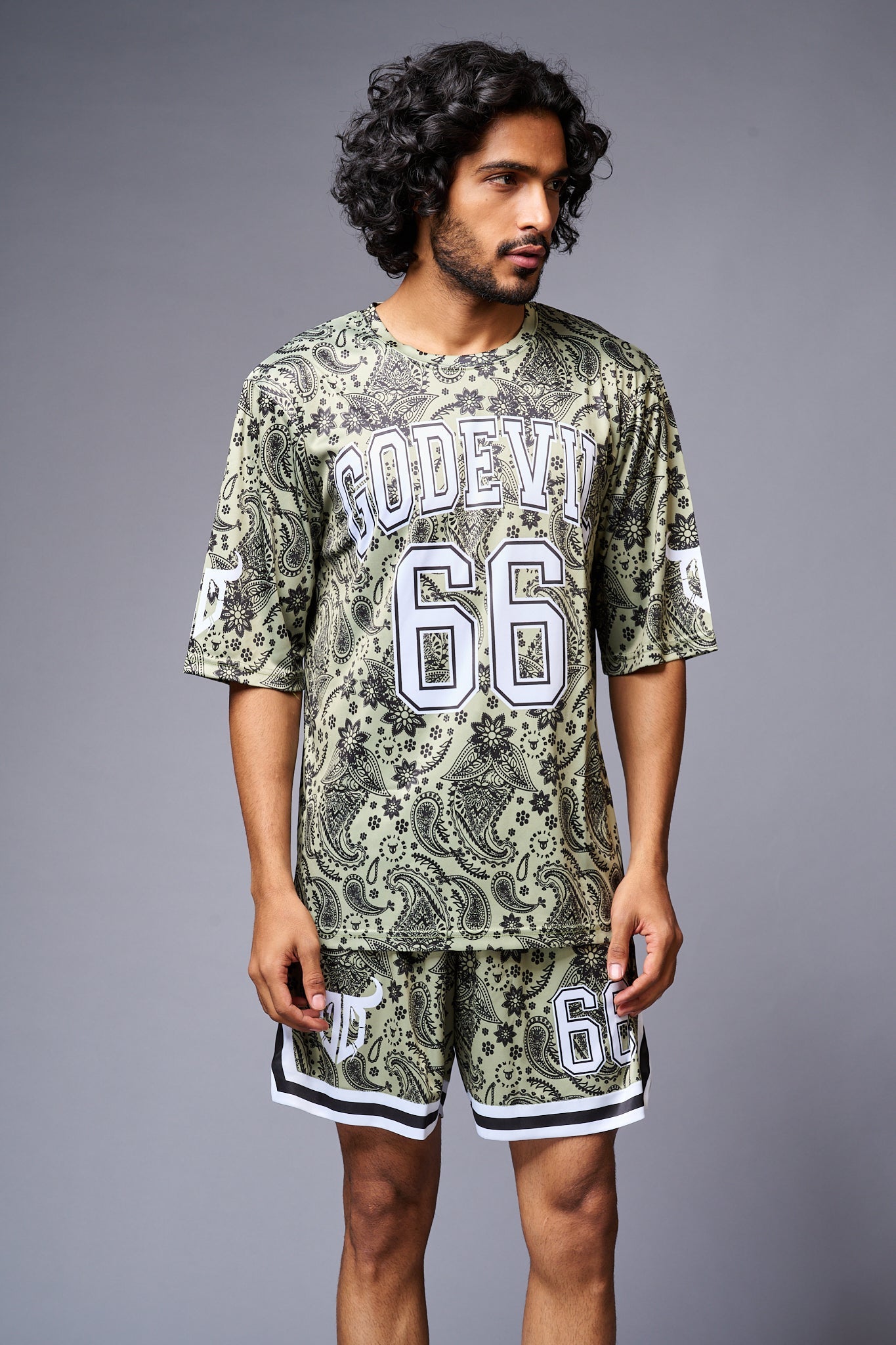 Go Devil 66 Printed Paisley Green & White Co-ord Set for Men - Go Devil
