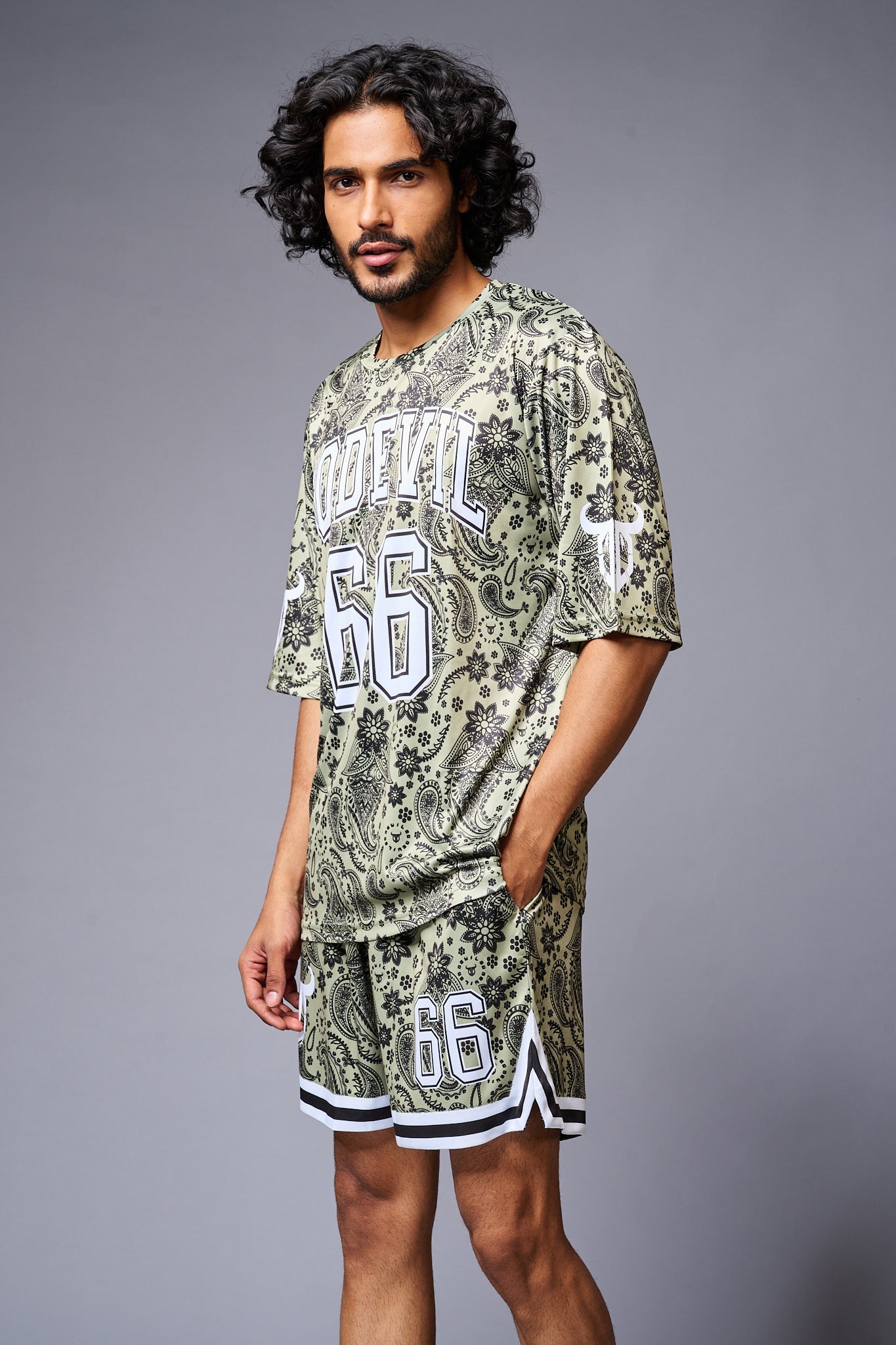Go Devil 66 Printed Paisley Green & White Co-ord Set for Men - Go Devil