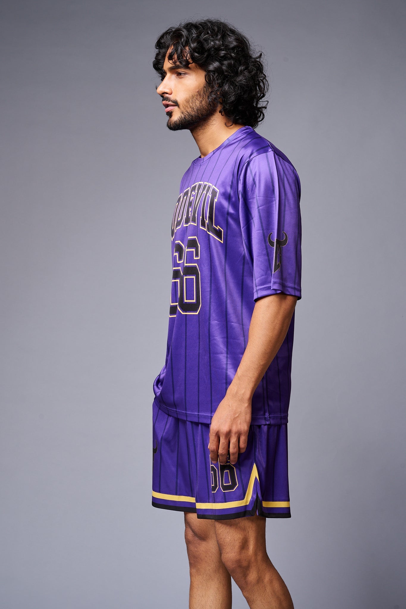 Go Devil 66 Printed Purple Striped Co-ord Set for Men - Go Devil
