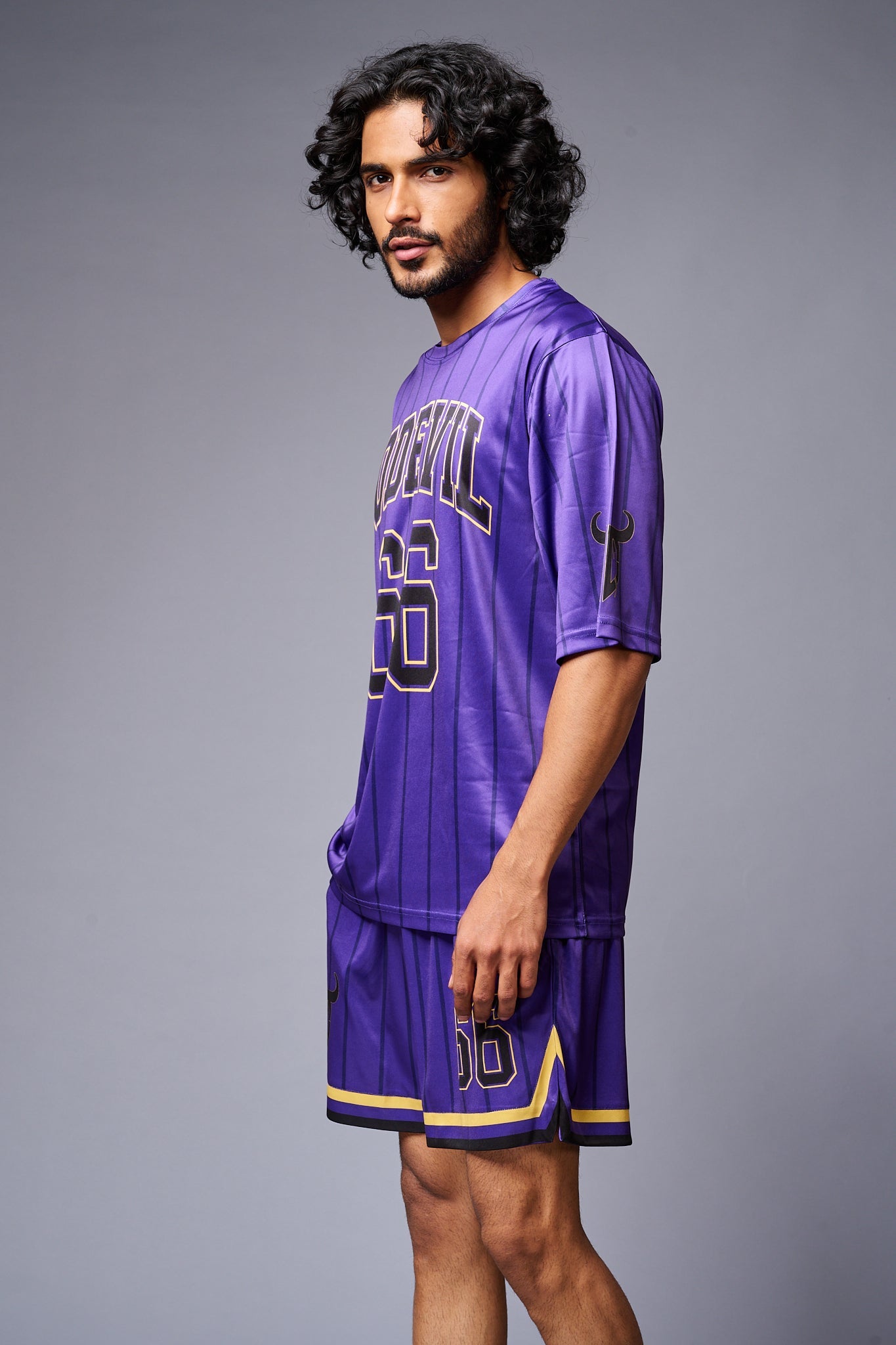 Go Devil 66 Printed Purple Striped Co-ord Set for Men - Go Devil