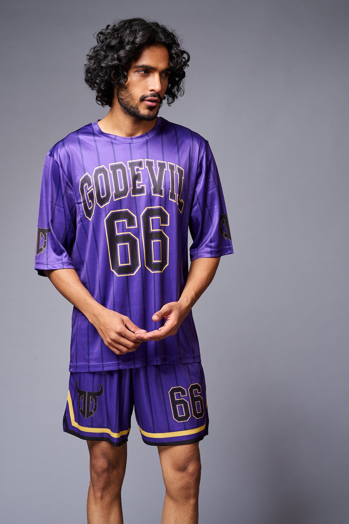 Go Devil 66 Printed Purple Striped Co-ord Set for Men - Go Devil