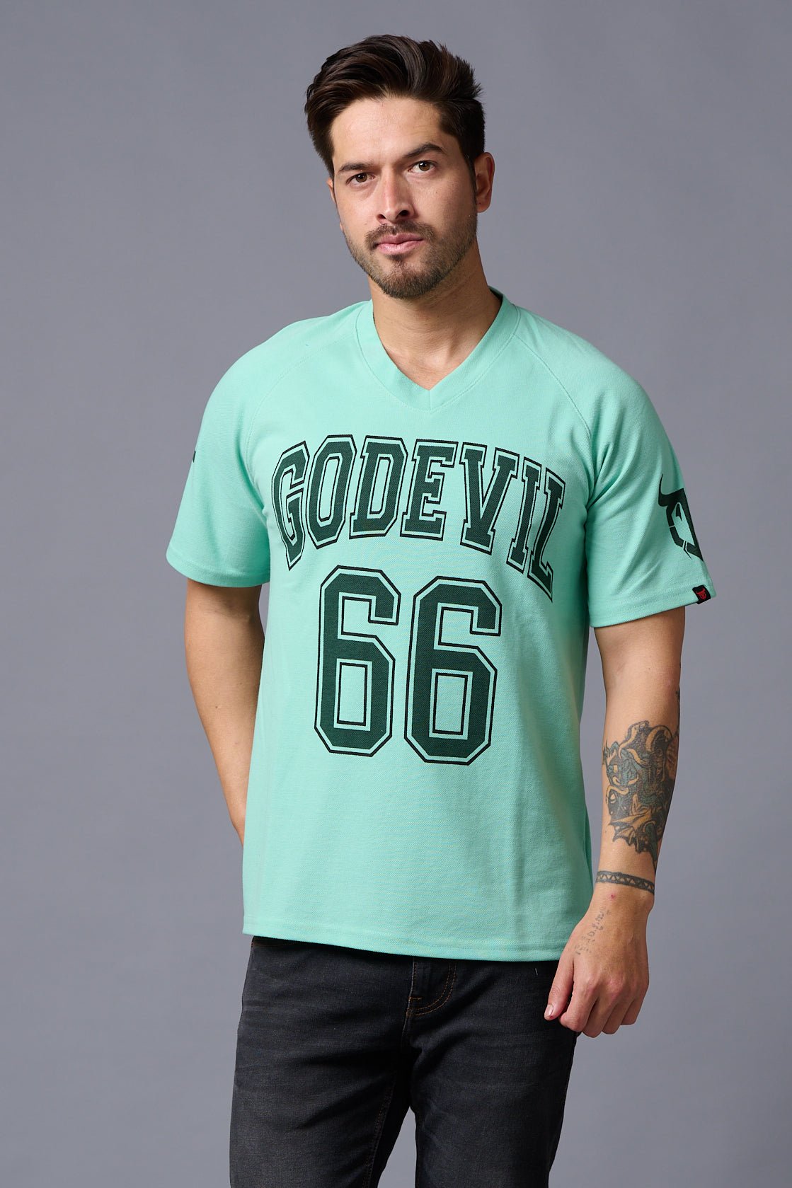 Go Devil 66 Printed V Neck Sea Green Oversized T-Shirt for Men - Go Devil