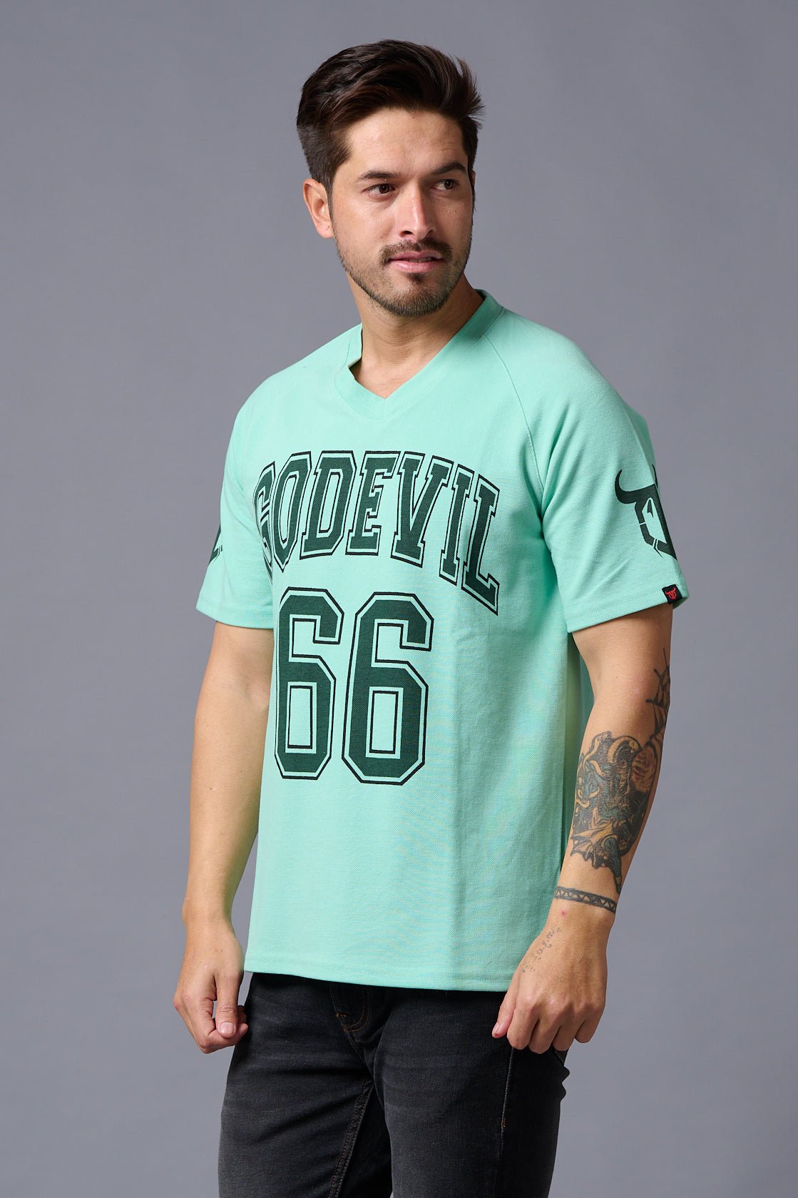 Go Devil 66 Printed V Neck Sea Green Oversized T-Shirt for Men - Go Devil