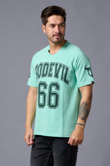 Go Devil 66 Printed V Neck Sea Green Oversized T-Shirt for Men - Go Devil