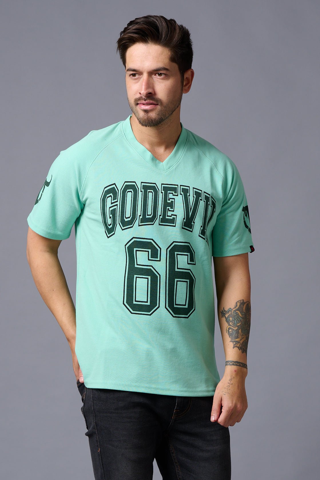Go Devil 66 Printed V Neck Sea Green Oversized T-Shirt for Men - Go Devil