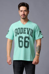 Go Devil 66 Printed V Neck Sea Green Oversized T-Shirt for Men - Go Devil